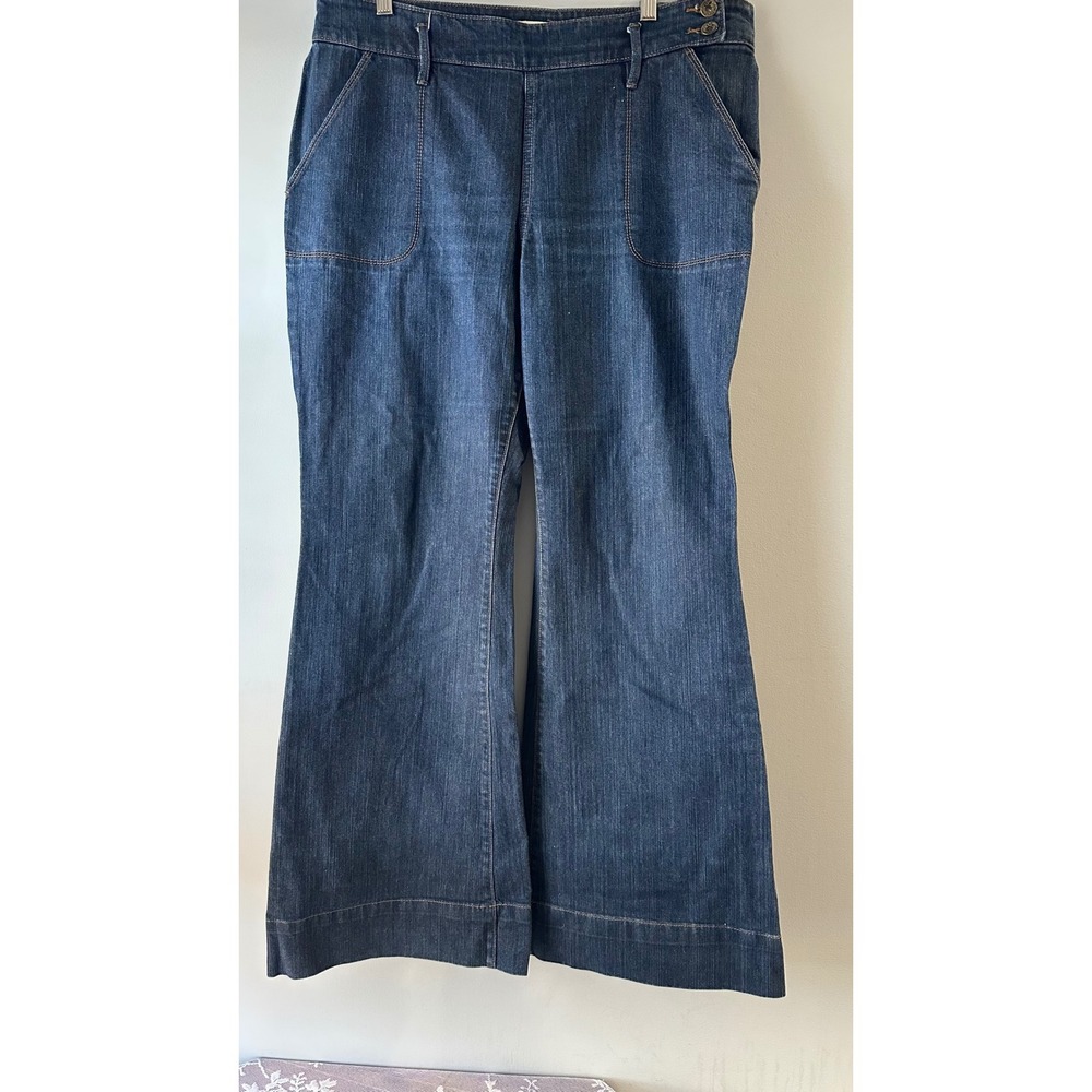 Old Navy Wide Leg Jeans 14 Dark Wash High Rise Stretch Flare Denim Heavy Duty